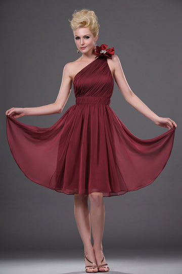 Burgundy Chiffon A-line One Shoulder Short/Mini With Draping Bridesmaid Dress(UKBD03-401)