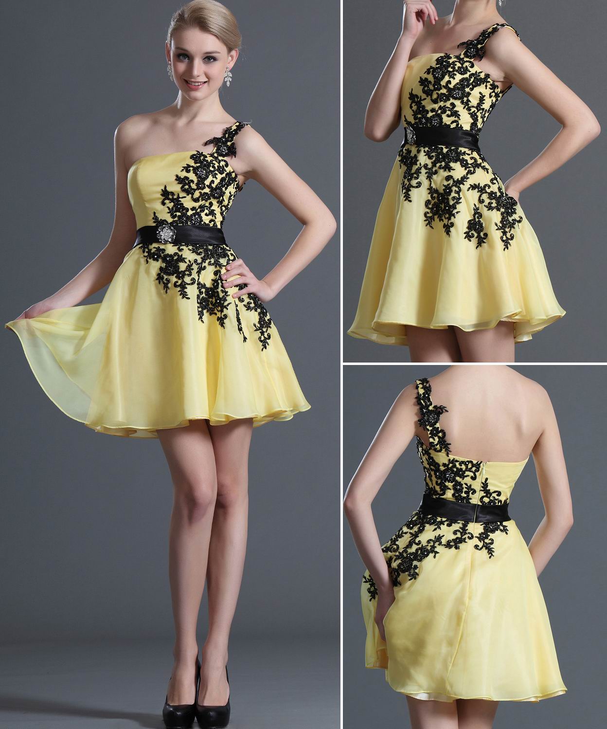 A-Line Yellow Chiffon One Shoulder Short/Mini With Appliques Bridesmaid Dress(UKBD03-411)