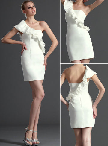 Taffeta Sheath/Column One Shoulder Short/Mini Cascading Ruffles Little White Dress(UKBD03-414)