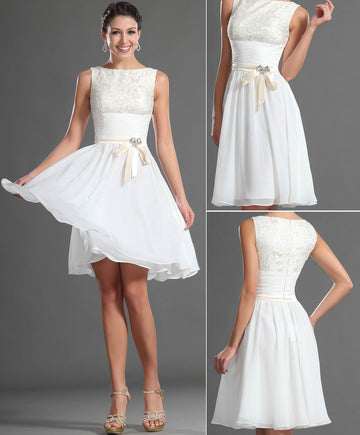 A-Line White Chiffon Jewel Short/Mini Little White Dress(UKBD03-417)