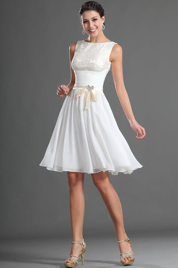 A-Line White Chiffon Jewel Short/Mini Little White Dress(UKBD03-417)