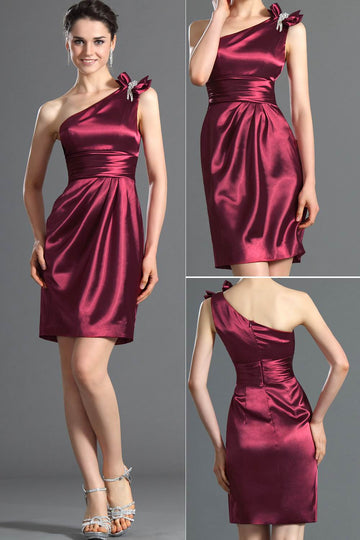 Burgundy Stretch Satin Sheath/Column One Shoulder Short/Mini With Bows Bridesmaid Dress(UKBD03-431)