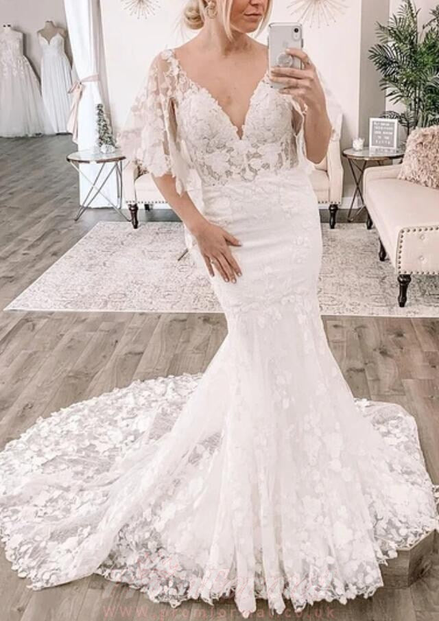 Long sleeve lace 2024 v neck wedding dress