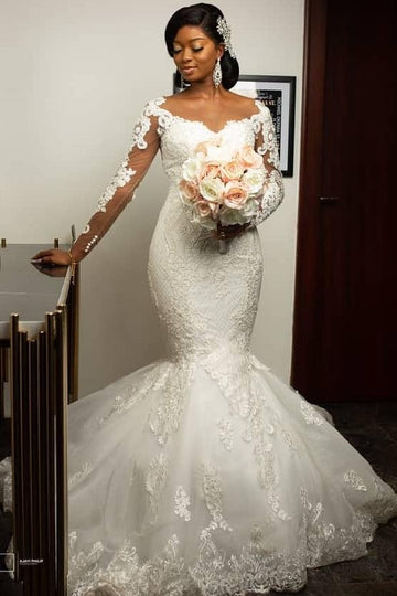 Bridal Lace Long Sleeve Mermaid Wedding Dress Size 6-18 Black Brides B
