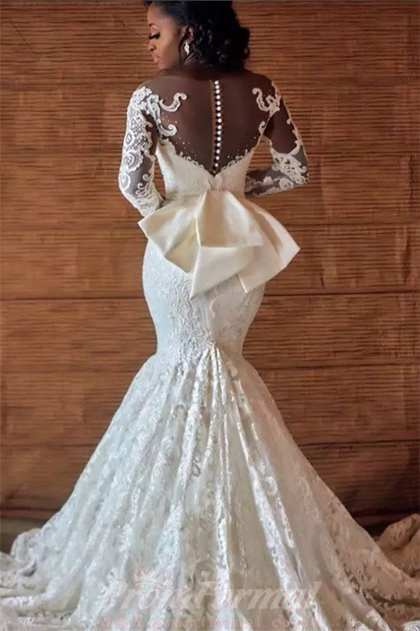 Luxury Long Sleeve Lace Plus Size Beading Mermaid Wedding Dress BWD011