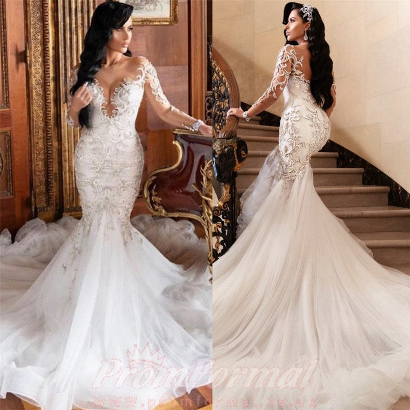 Luxury Long Sleeve Lace Plus Size Beading Mermaid Wedding Dress BWD011