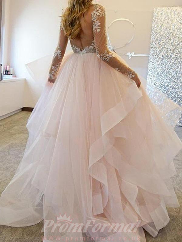 Long sleeve pink wedding dress sale