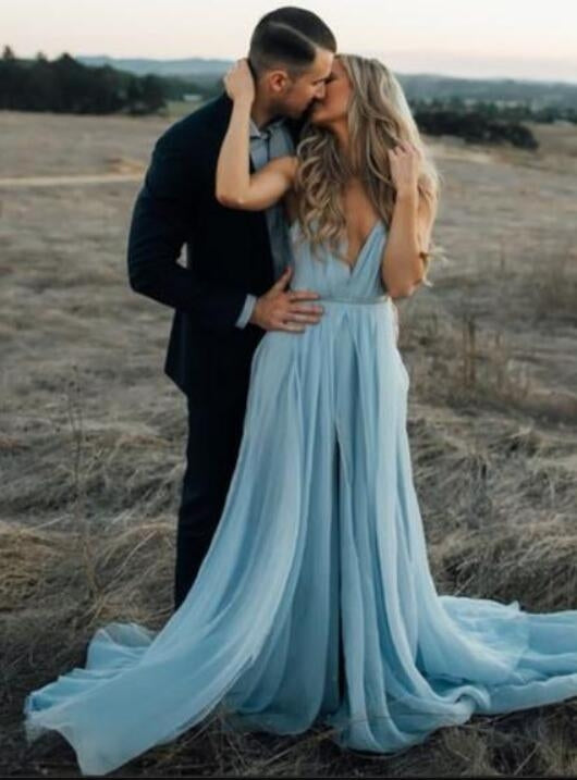 Light Blue Chiffon Boho Slit Outdoor Wedding Dress for After Party BWD