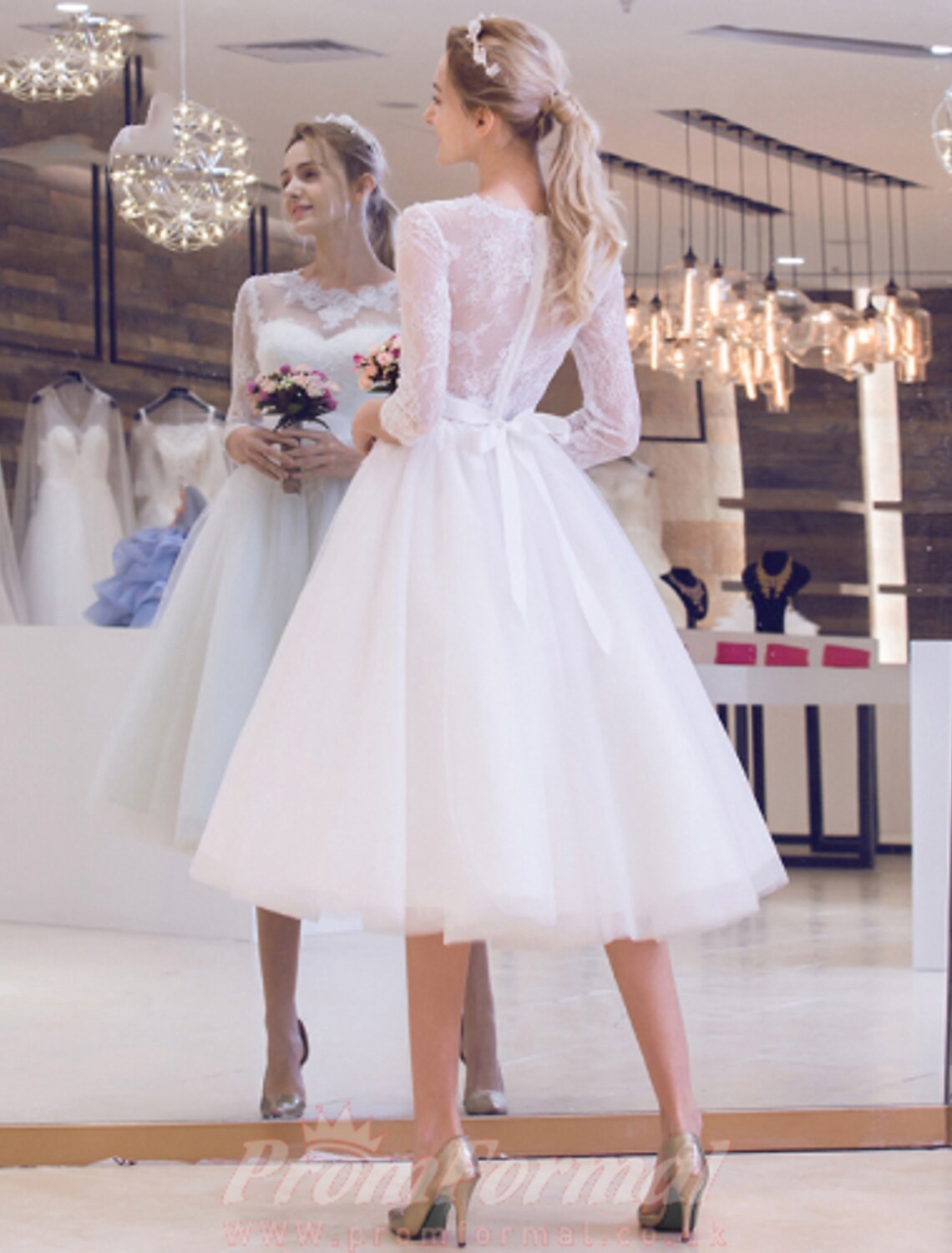 Long sleeve lace outlet tea length wedding dress