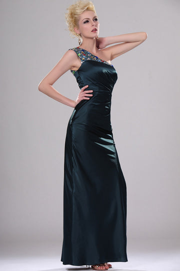 Dark Green Satin One Shoulder With Beading Bridesmaid Dress BD433