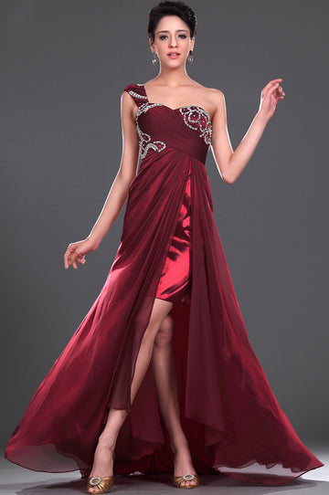 A-Line Burgundy Chiffon One Shoulder With Beading Bridesmaid Dress(UKBD03-441)