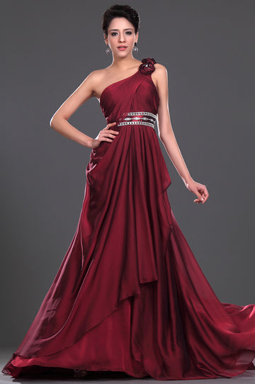 A-Line Burgundy Chiffon One Shoulder With Beading Bridesmaid Dress(UKBD03-442)