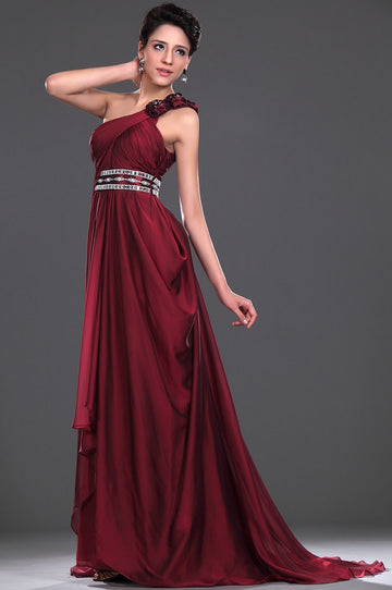 A-Line Burgundy Chiffon One Shoulder With Beading Bridesmaid Dress(UKBD03-442)