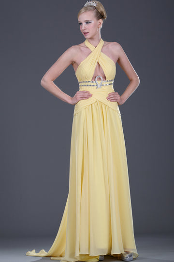 A-Line Yellow Chiffon Halter With Beading Bridesmaid Dress(UKBD03-463)