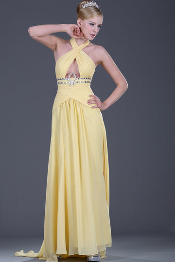 A-Line Yellow Chiffon Halter With Beading Bridesmaid Dress(UKBD03-463)