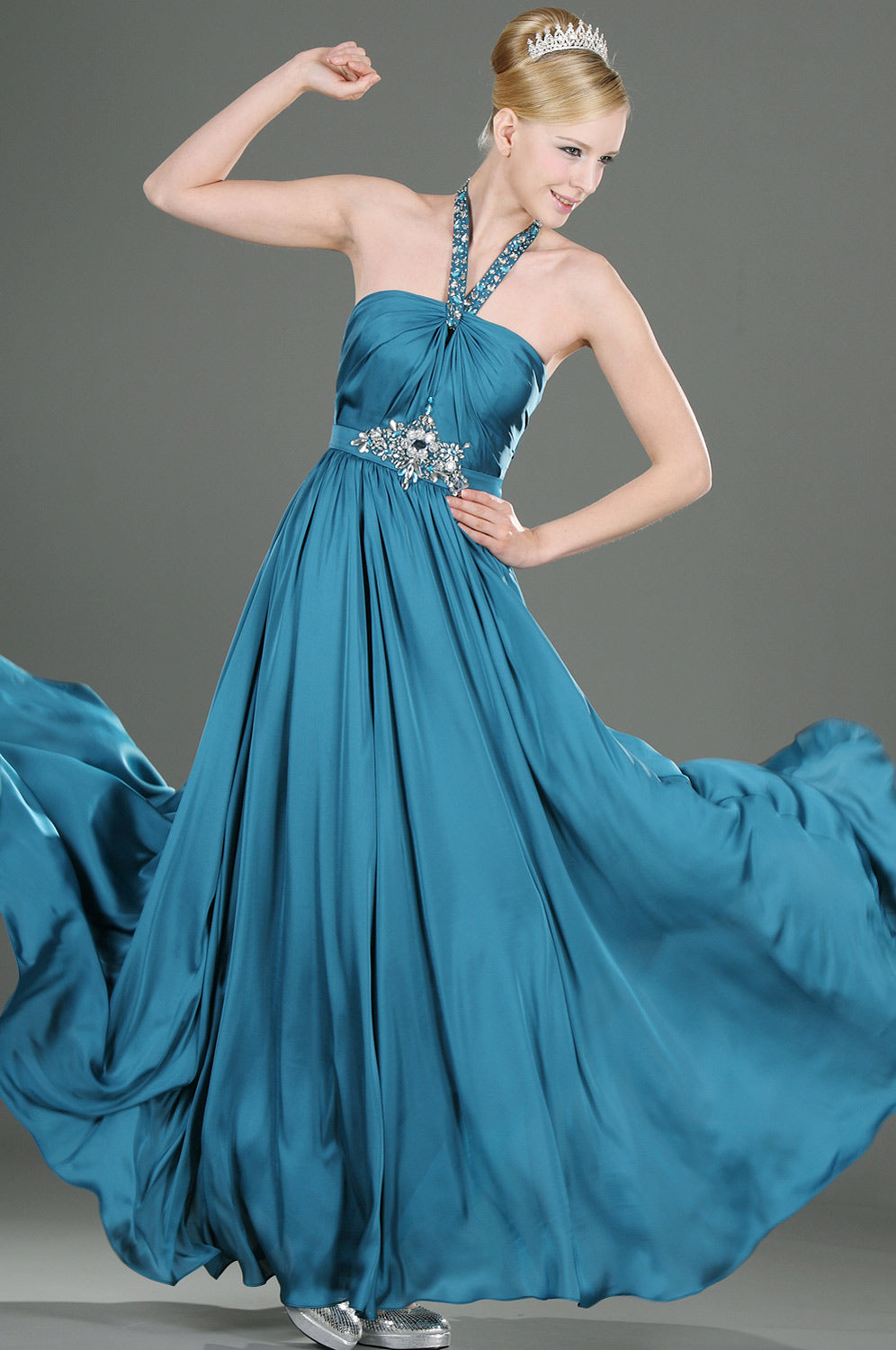 A-Line Steel Blue Chiffon Halter With Beading Bridesmaid Dress(UKBD03-464)