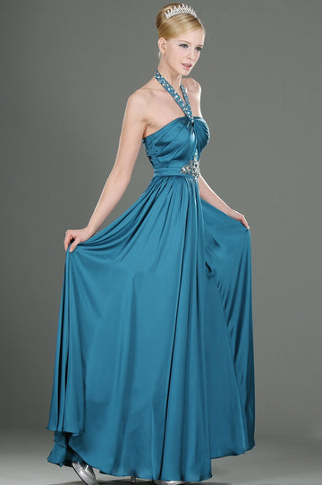 A-Line Steel Blue Chiffon Halter With Beading Bridesmaid Dress(UKBD03-464)