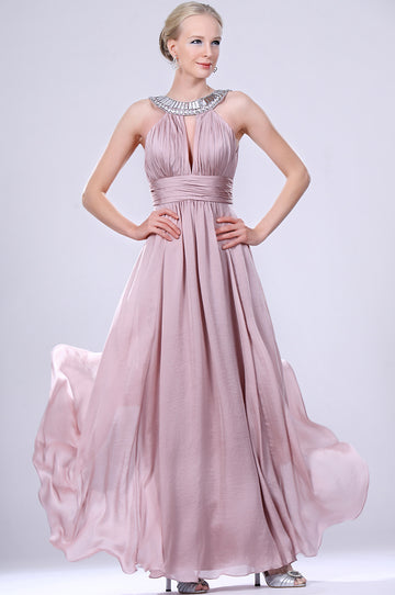 A-Line Pink Chiffon Jewel With Beading Bridesmaid Dress(UKBD03-468)