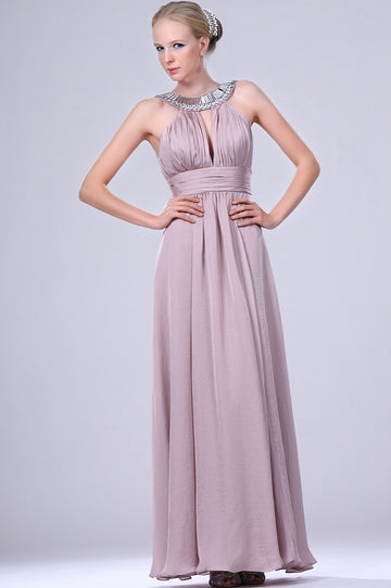 A-Line Pink Chiffon Jewel With Beading Bridesmaid Dress(UKBD03-468)