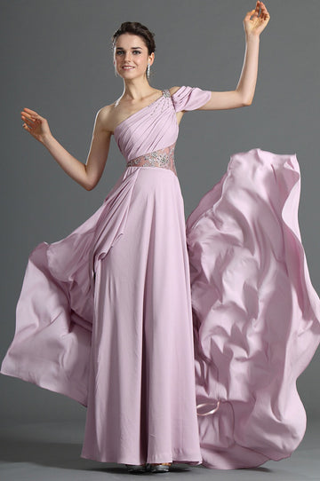 A-Line Pink Chiffon One Shoulder With Draping Bridesmaid Dress(UKBD03-475)