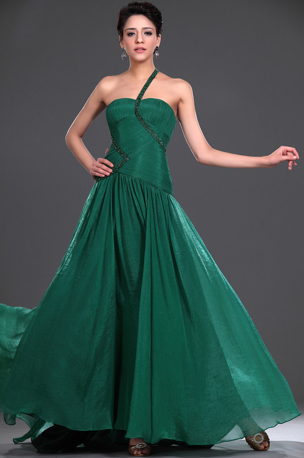 Dark Green Velvet Chiffon A-line One Shoulder With Draping Bridesmaid