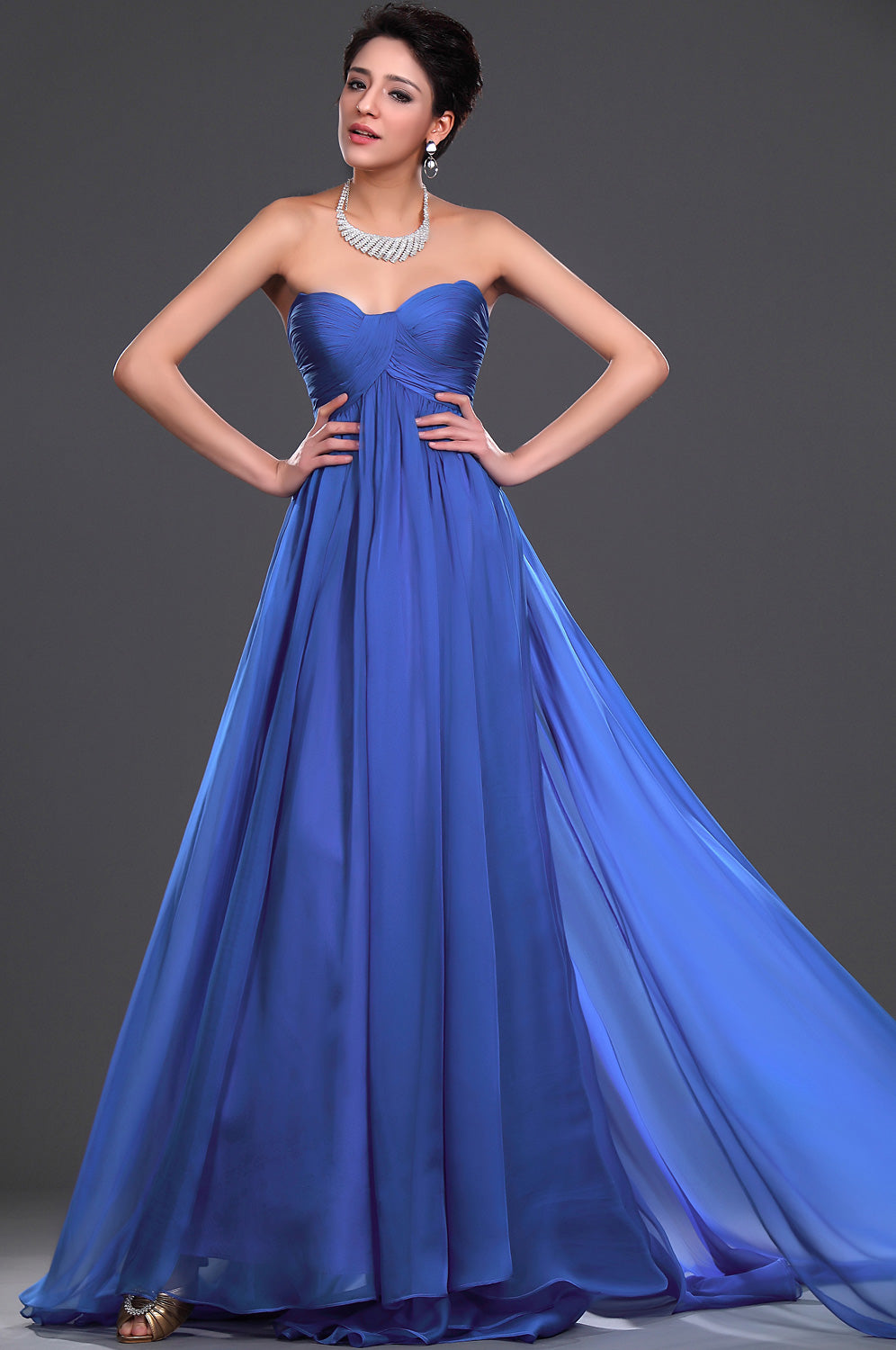 A-Line Light Royal Blue Chiffon Sweetheart With Draping Bridesmaid Dress(UKBD03-477)