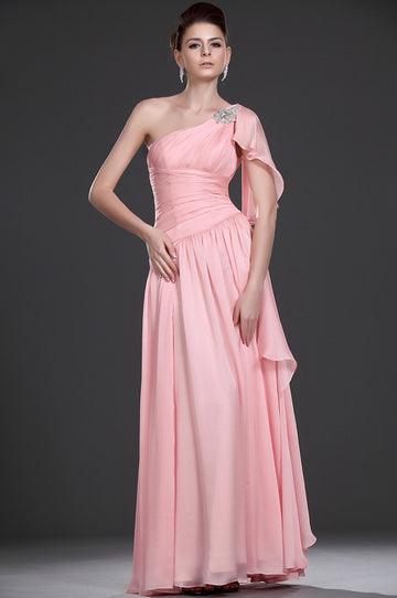 A-Line Pink Chiffon One Shoulder With Beading Bridesmaid Dress(UKBD03-478)