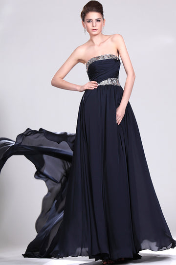 A-Line Dark Navy Chiffon Strapless With Beading Bridesmaid Dress(UKBD03-481)