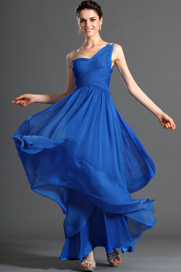 A-Line Light Royal Blue One Shoulder With Draping Bridesmaid Dress(UKBD03-484)