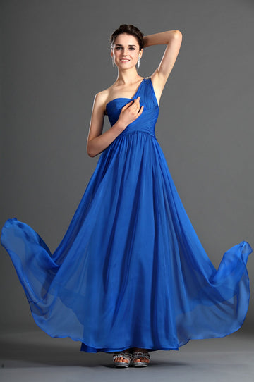 A-Line Light Royal Blue One Shoulder With Draping Bridesmaid Dress(UKBD03-484)