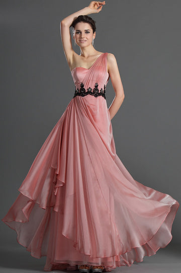 Salmon Pink Satin Chiffon One Shoulder With Appliques Bridesmaid Dress(UKBD03-490)