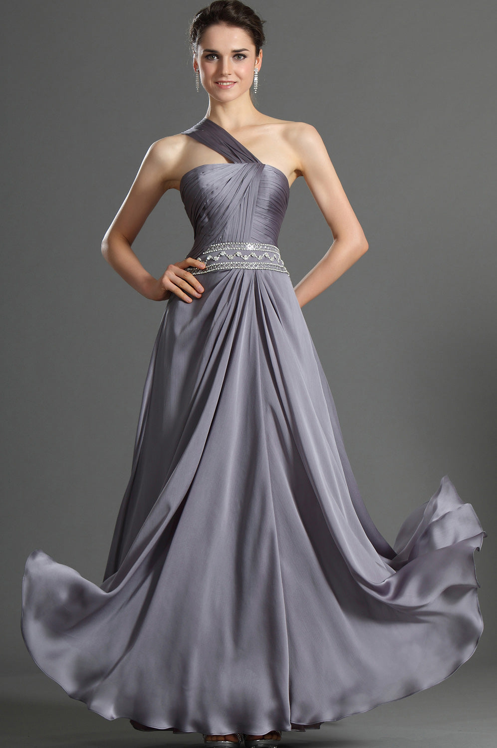 A-Line Dark Gray Chiffon One Shoulder With Beading Bridesmaid Dress(UKBD03-492)