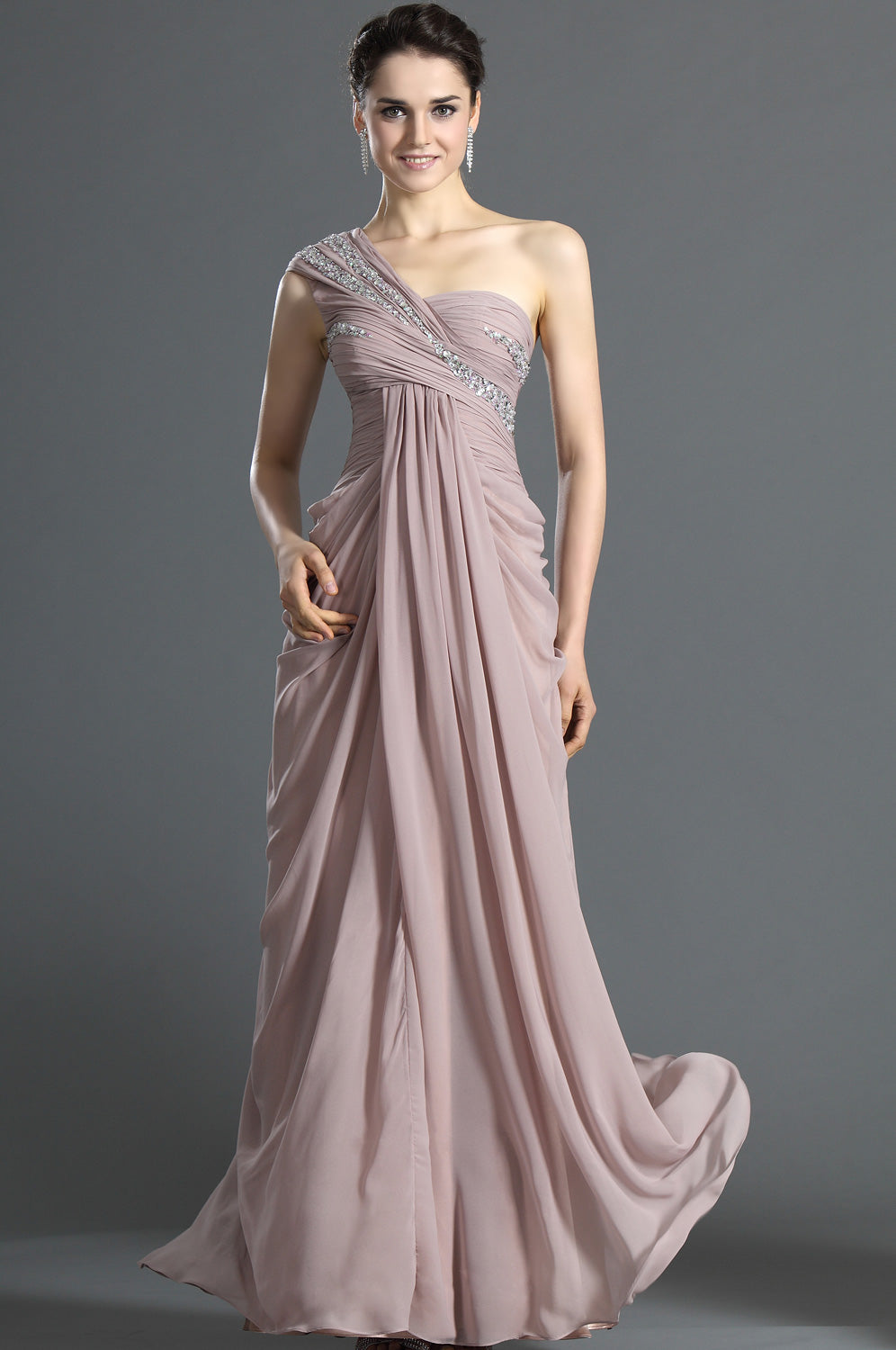 Nude Pink Chiffon Sheath/Column One Shoulder With Beading Bridesmaid Dress(UKBD03-496)