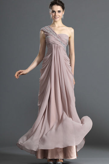 Nude Pink Chiffon Sheath/Column One Shoulder With Beading Bridesmaid Dress(UKBD03-496)