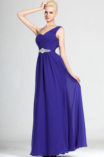 A-Line Blue Chiffon One Shoulder With Beading Bridesmaid Dress(UKBD03-497)