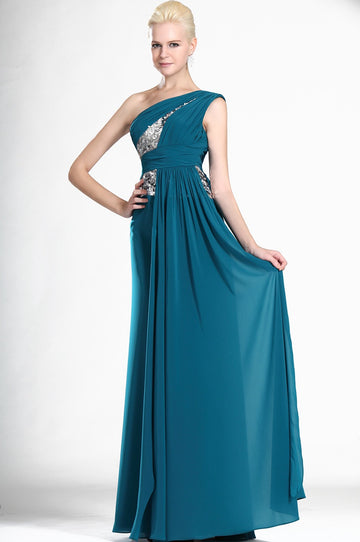 Ink Blue Chiffon One Shoulder With Beading Bridesmaid Dress(UKBD03-506)