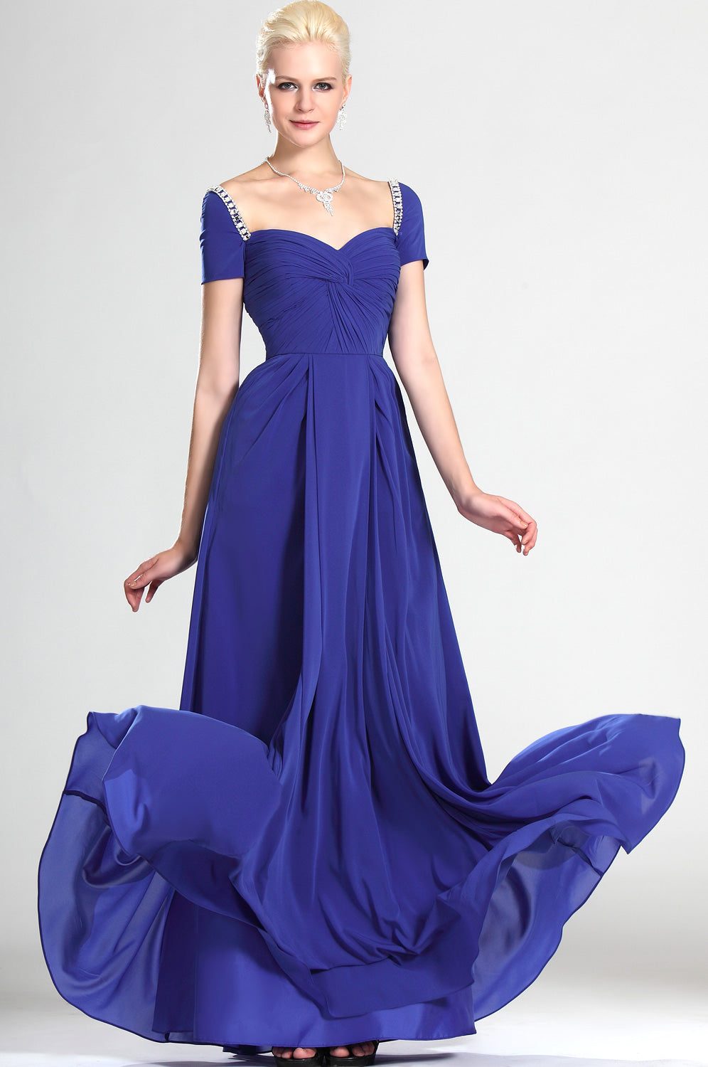 Royal Blue Chiffon Off The Shoulder With Beading Bridesmaid Dress(UKBD03-508)