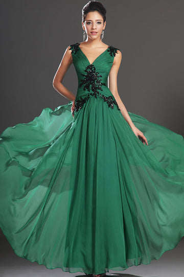 A-Line Dark Green Chiffon V-neck With Appliques Bridesmaid Dress(UKBD03-519)