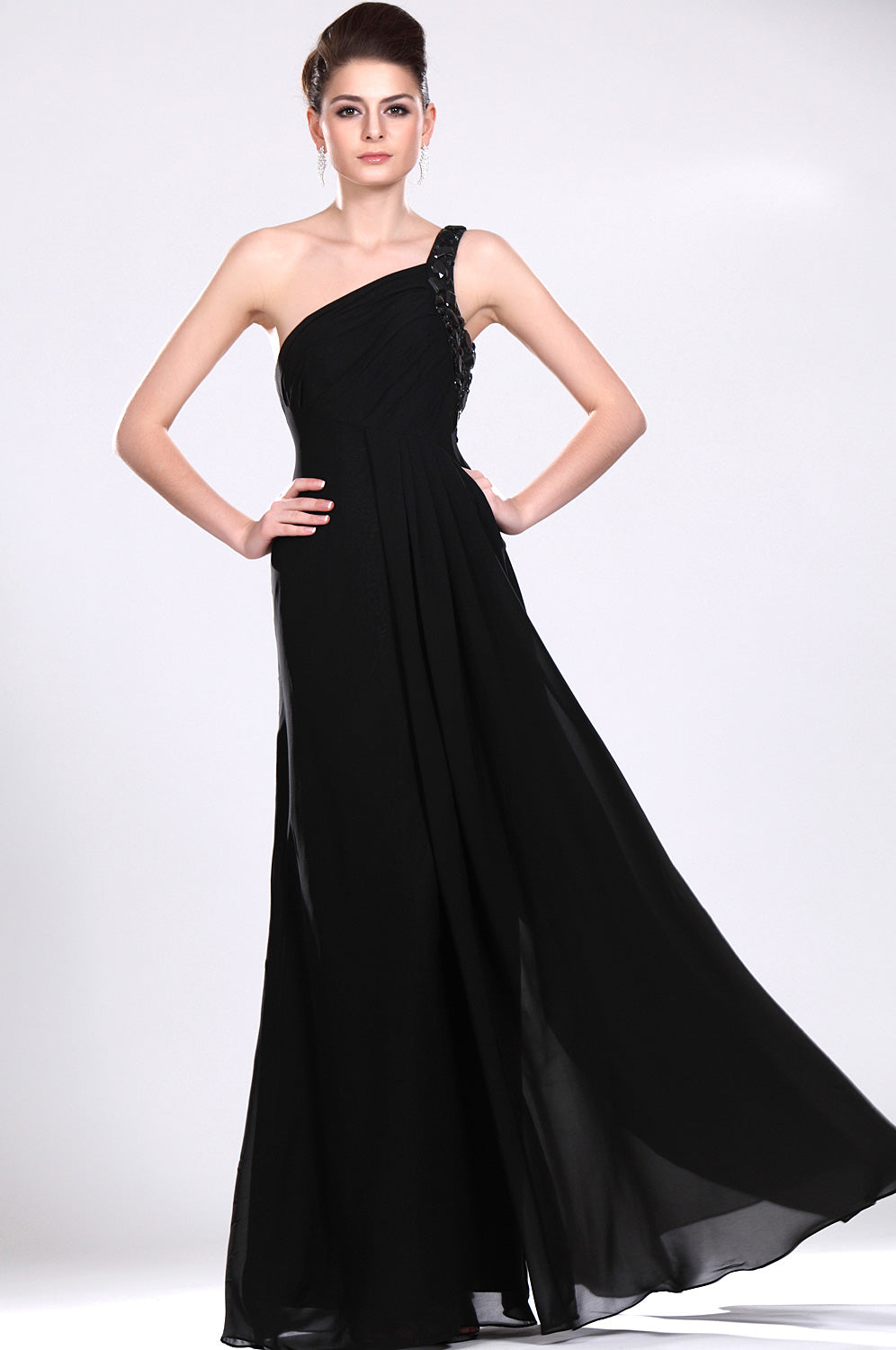 A-Line Black Chiffon One Shoulder Black Bridesmaid Dress(UKBD03-534)