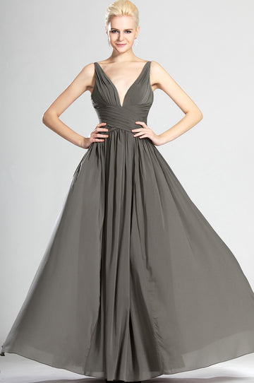 A-Line Dark Gray Chiffon V-neck With Criss Cross Bridesmaid Dress(UKBD03-536)