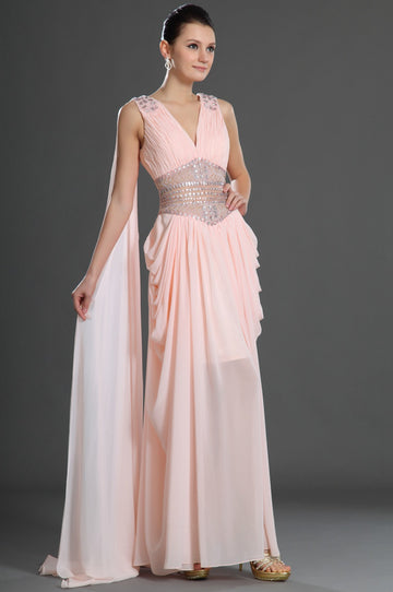 Pink Chiffon Sheath/Column V-neck With Beading Bridesmaid Dress(UKBD03-547)