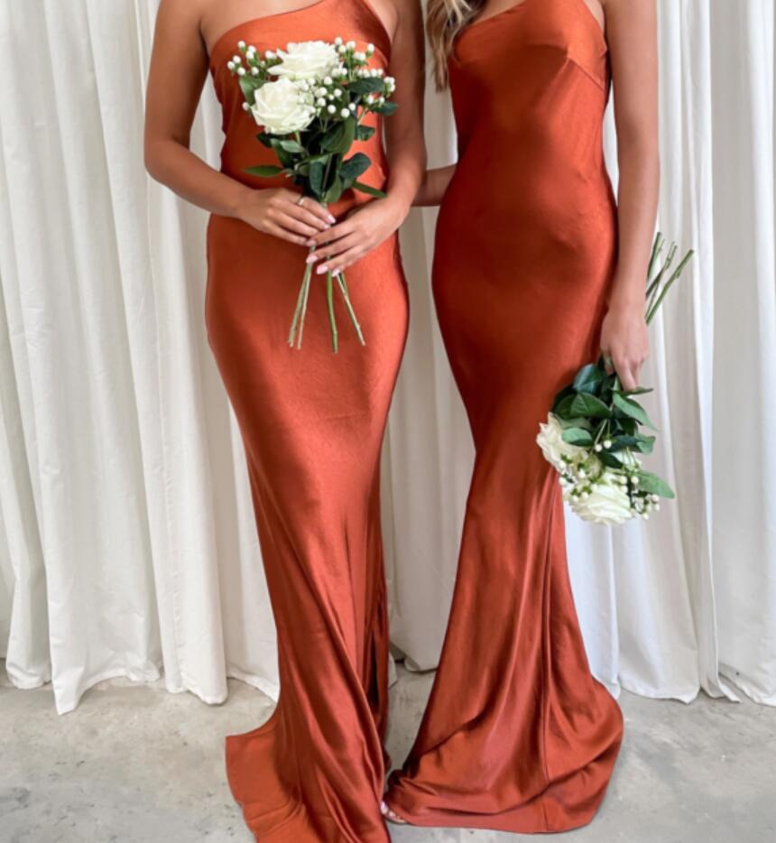 CBD021 Terracotta Halter Mermaid Copper Satin Bridesmaid Dress