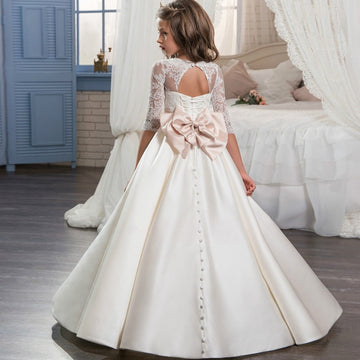 Satin Half Sleeve Kids Flower Girl Dress With Beading Bows BDCH0140