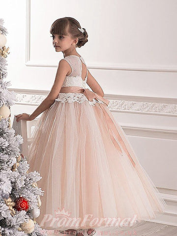 Blushing Pink Tulle Lace Short Sleeve Children's Prom Dress (FGD271)