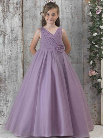 Purple Satin Chiffon V-neck A-line Children's Prom Dress(FGD279)