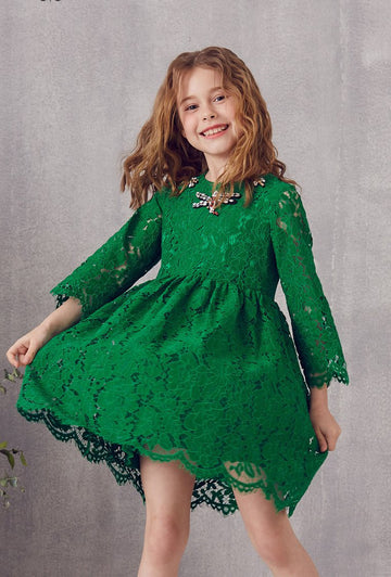 Green Lace 3/4 Length Sleeve Mini A-line Children's Formal Dress (FGD308)
