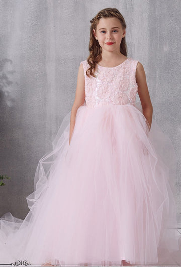 Blushing Pink Lace Tulle Floor-length Princess Children's Prom Dress (FGD322)