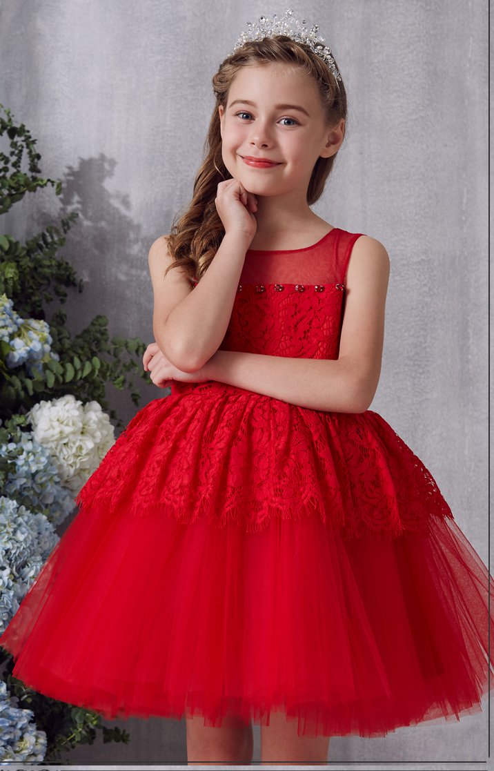 Red Lace Tulle  Short Mini Ball Children's Prom Dress (FGD334)