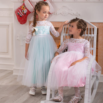 Lace Tulle Half Sleeve Ankle-length Kids Formal Dresses(FGD338)