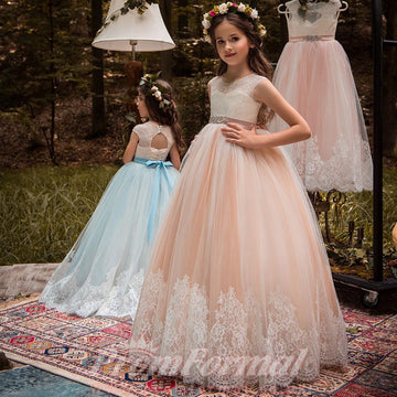 Pink Lace Tulle V-neck A-line Floor-length Flower Girl Dresses(FGD341)